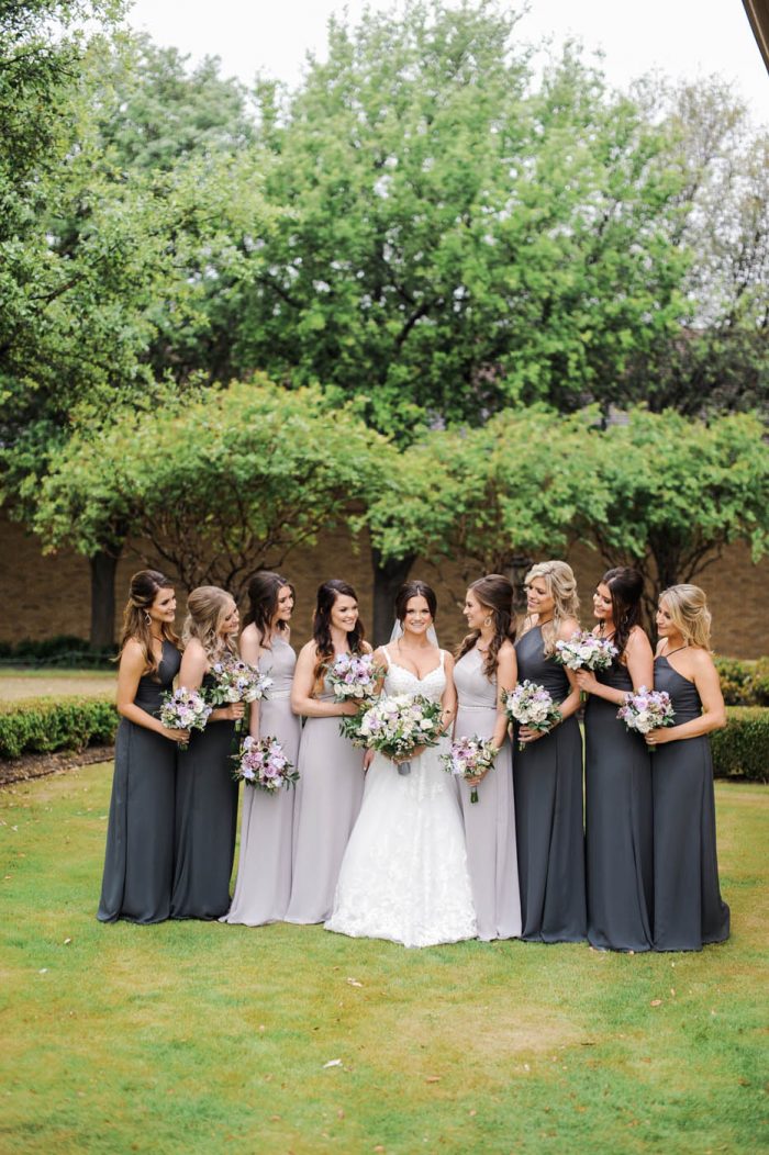 bridesmaids in different shades of gray dresses